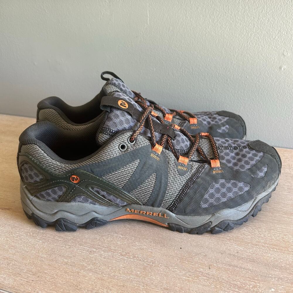 Men’s Merrell Hiking Sneakers, Size 9, Gray/Orange Trail Shoes,